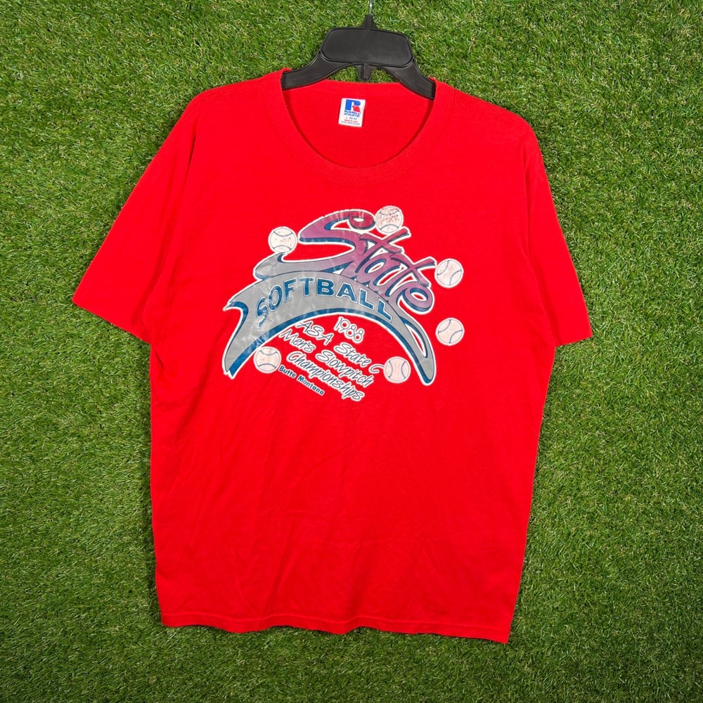 Vintage 1988 Russell Athletic ASA State Softball T-Shirt Red Mens Large USA Made